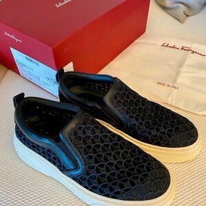 Salvatore Ferragamo Black and Cream Slip-On Shoes